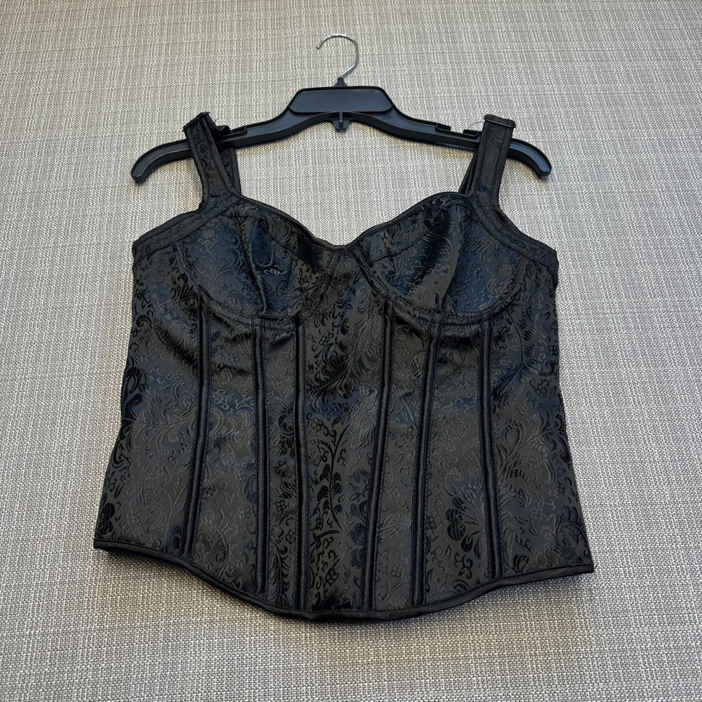 Black Corset Top Lace Up Back Boned Bustier Jacquard Gothic‎ Clubwear XL